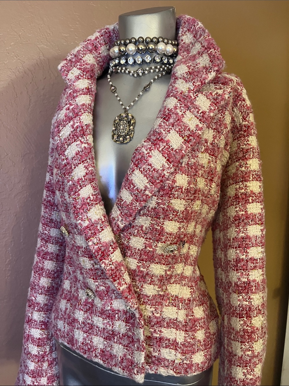 Aqua Kerri Rosenthal Pink & White Tweed Blazer Jacket. Sz XL. - Picture 2 of 6
